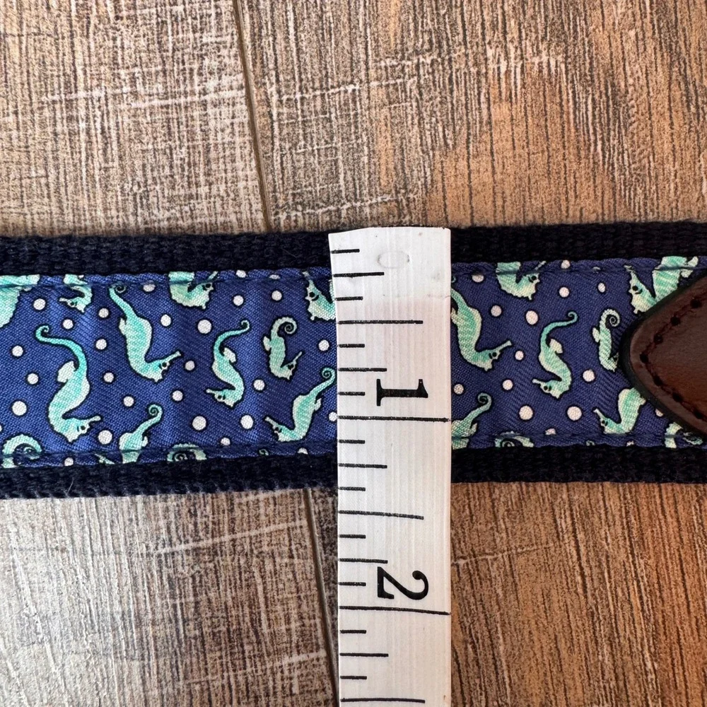 Vineyard Vines Mens 42 Seahorse Silk Canvas Leather Club Belt Navy Blue Preppy